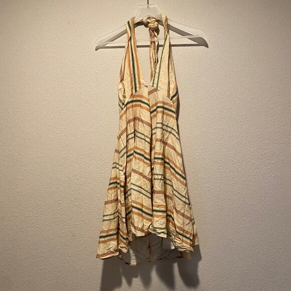 Zara Halter Chevron Stripe Mini Dress XL‎ Beige Summer Sleeveless Pockets - Picture 8 of 8